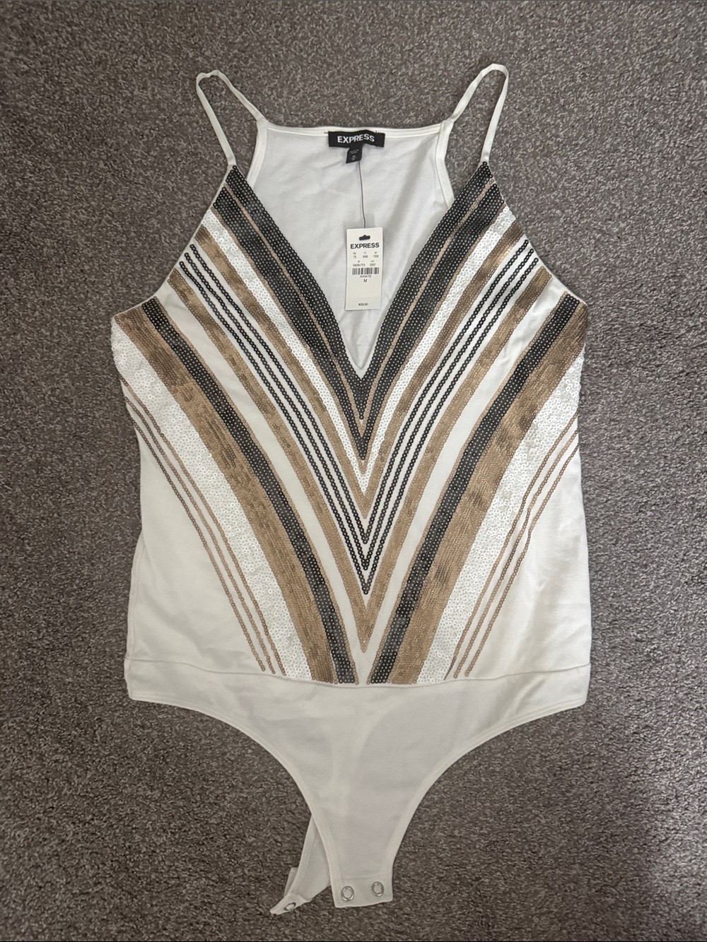 Express White Strappy Bodysuit with Metallic Chevron Beading